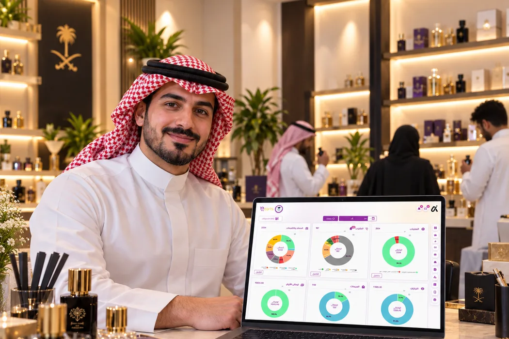 تاجر سعودي يعرض لوحة تحكم متجره على جهازه اللوحي داخل متجره