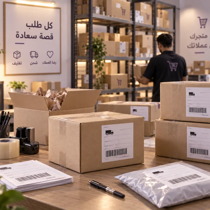 طرد مغلّف مع ملصق شحن وجهاز قراءة الباركود